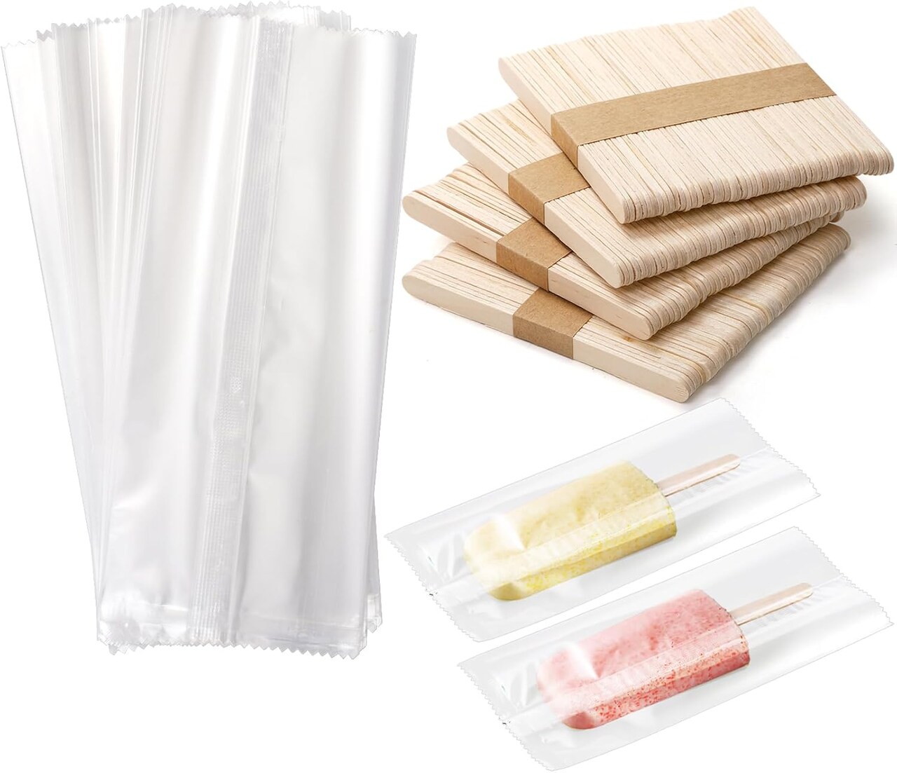 600 Pieces Popsicle Bags and Sticks Set, 300 PCS Disposable Plastic Popsicle Wrappers Clear Ice Cream Bags, 300 PCS Wooden Popsicles Sticks for DIY Making Cakesicle Candy Summer Party Supplies